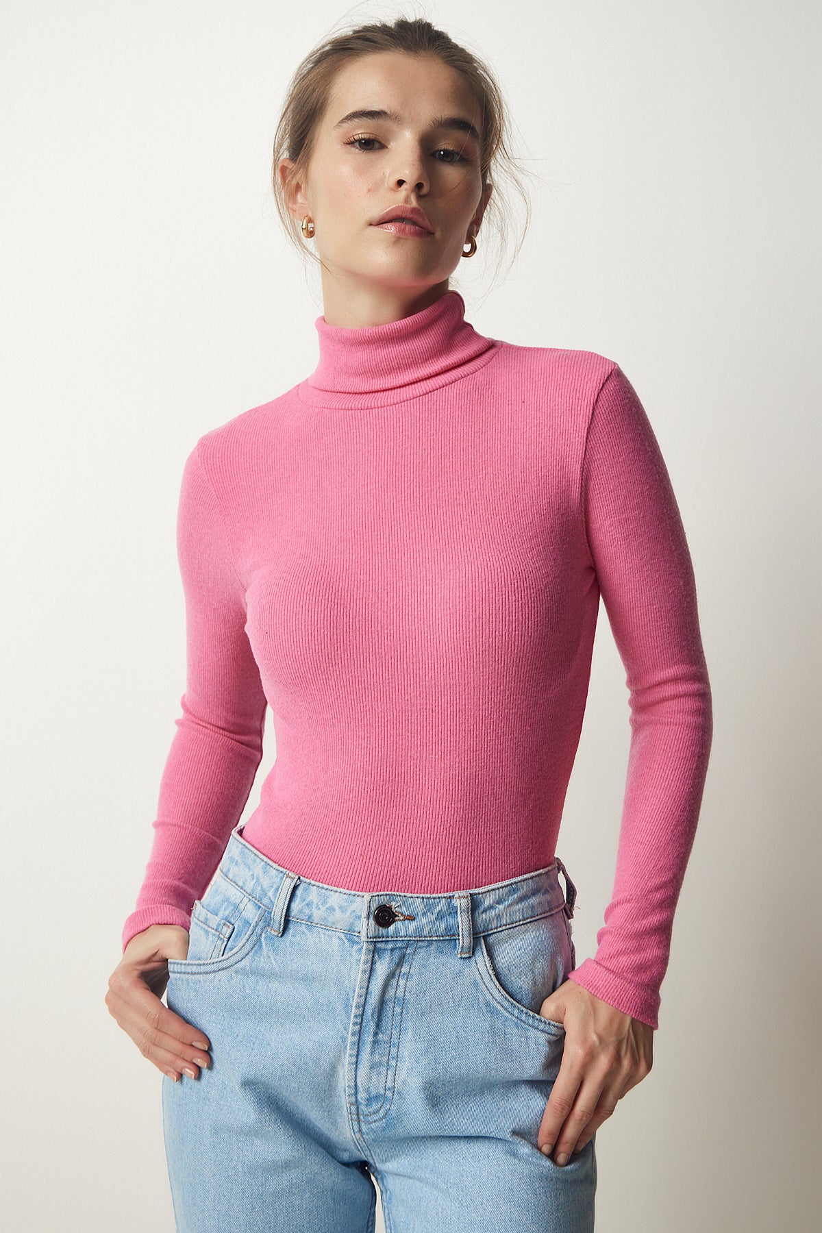 Pembe Balıkçı Yaka Fitilli Örme Bluz HJ00008