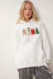 Ekru Yılbaşı Temalı Kapüşonlu Şardonlu Örme Sweatshirt TQ00001