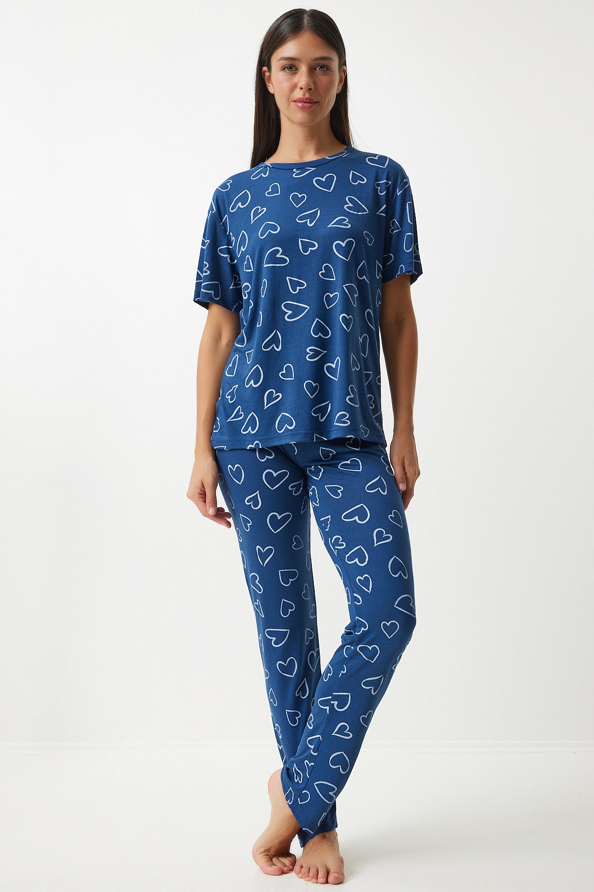 Lacivert Desenli Viskon Pantolon T-Shirt Pijama Takımı EC00046