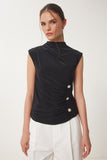 Siyah Drape Detaylı Düğmeli Sandy Bluz RX00057