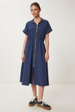 Lacivert Fermuarlı Midi Poplin Elbise UB00375