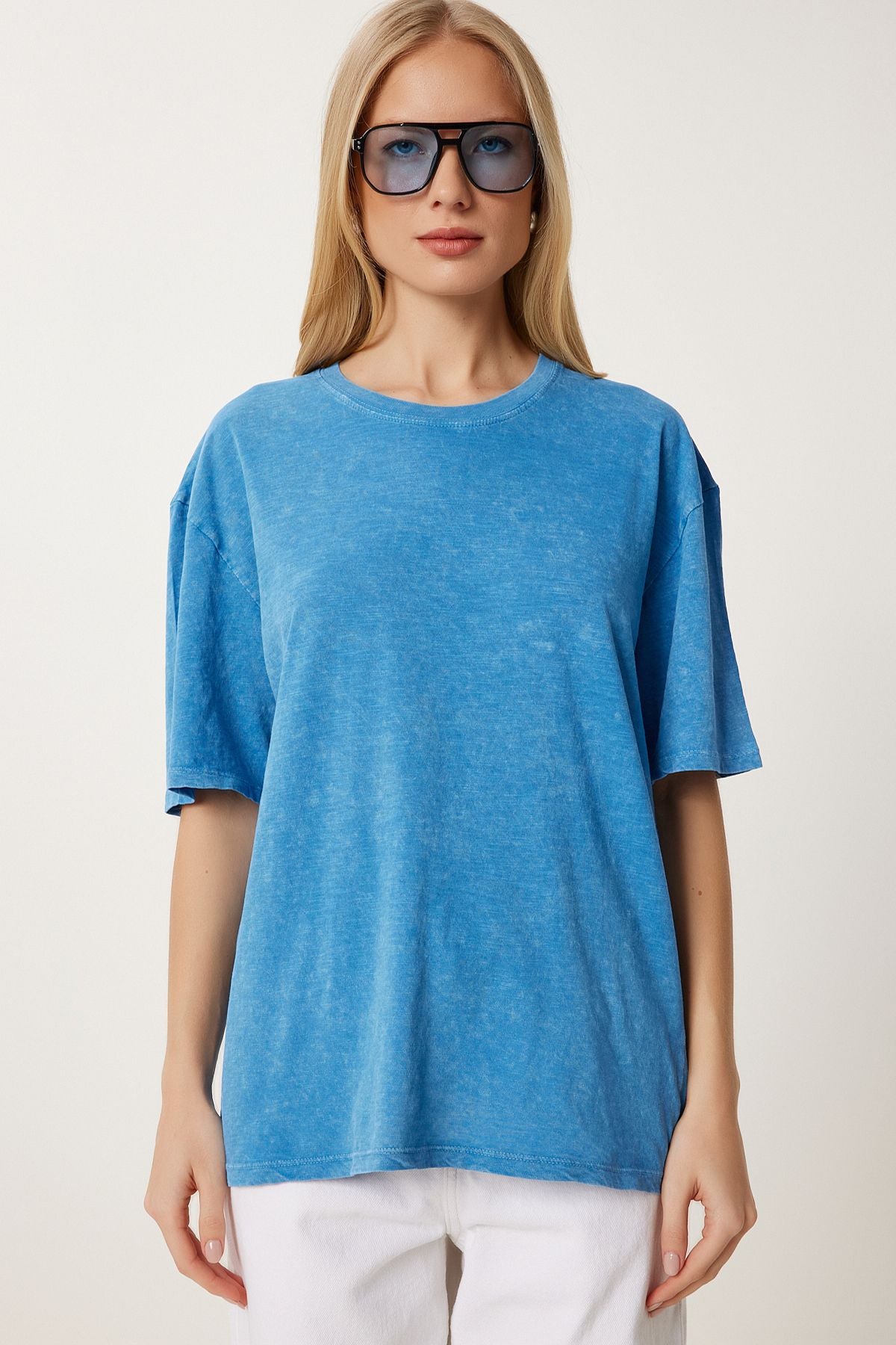 Mavi Yıkamalı Basic Örme T-Shirt AN00258