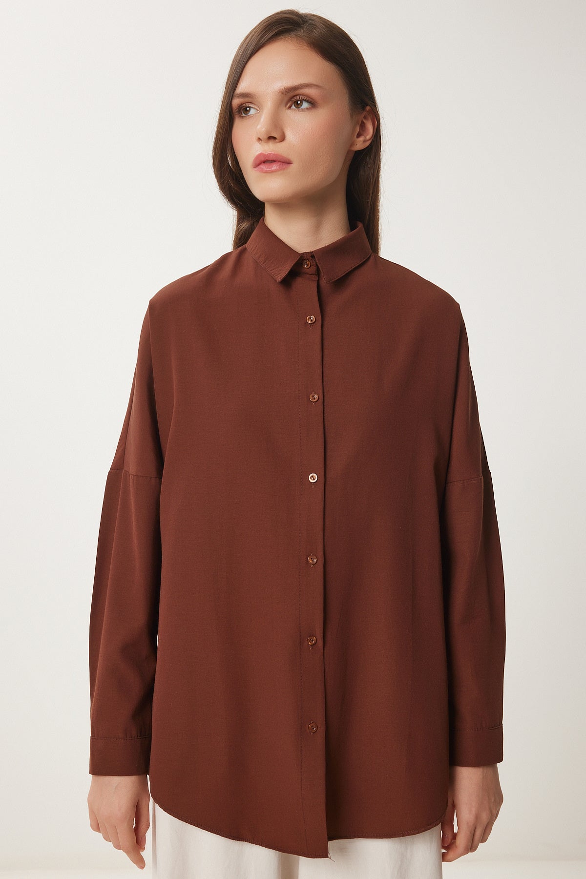 Çikolata Oversize Uzun Basic Gömlek  DD00842