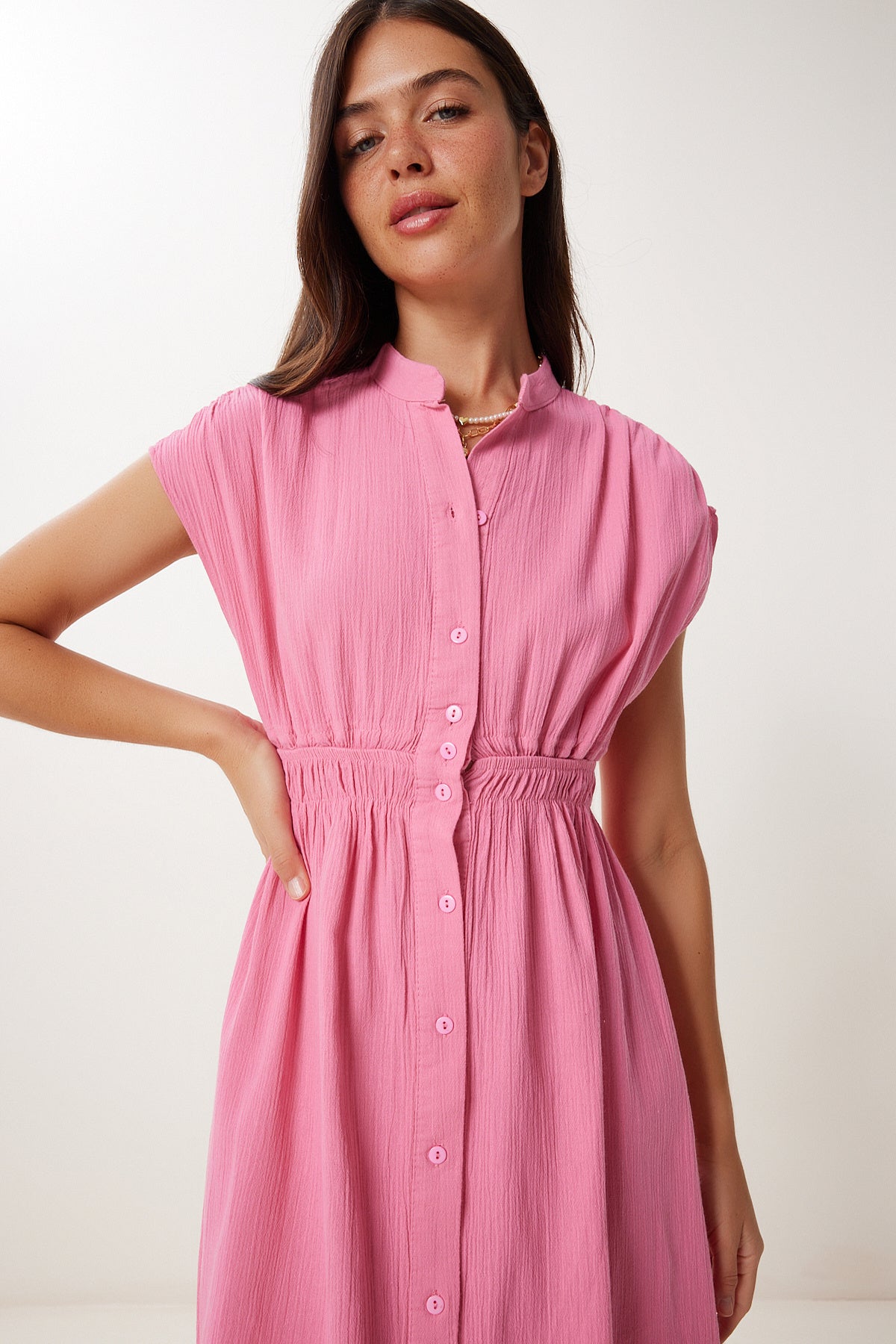 Pembe Büzgü Detaylı Keten Gömlek Elbise MX00196