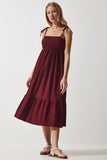 Bordo Askılı Krinkıl Yazlık Örme Elbise UB00250