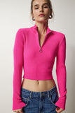 Pembe Fermuarlı Fitilli Crop Triko Kazak PF00027