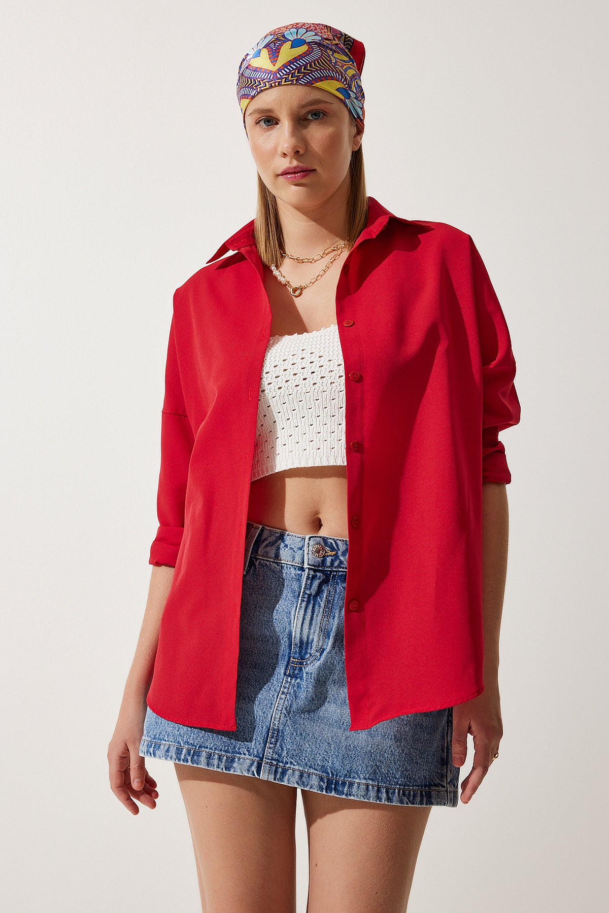 Kırmızı Oversize Uzun Basic Gömlek  DD00842