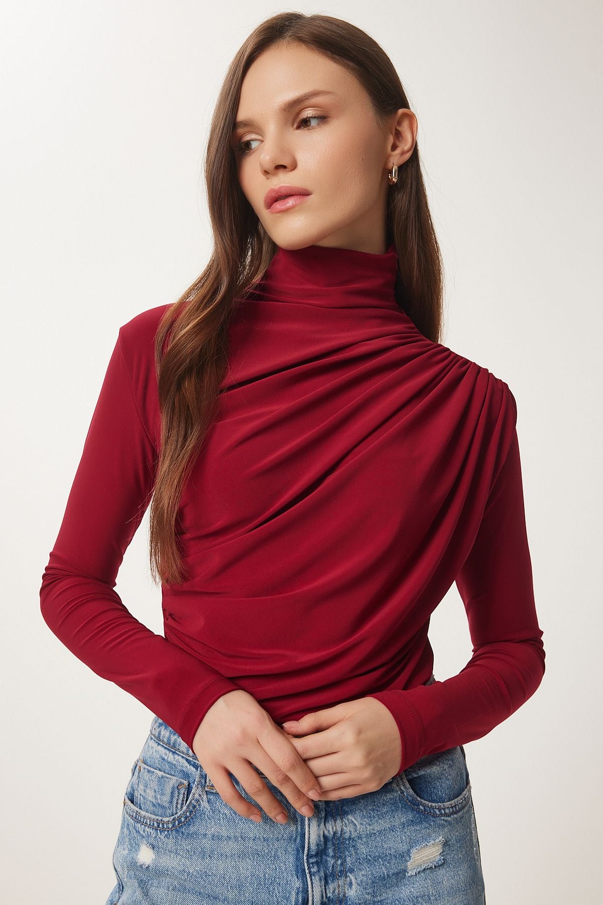 Bordo Büzgü Detaylı Dik Yaka Sandy Bluz  FF00135