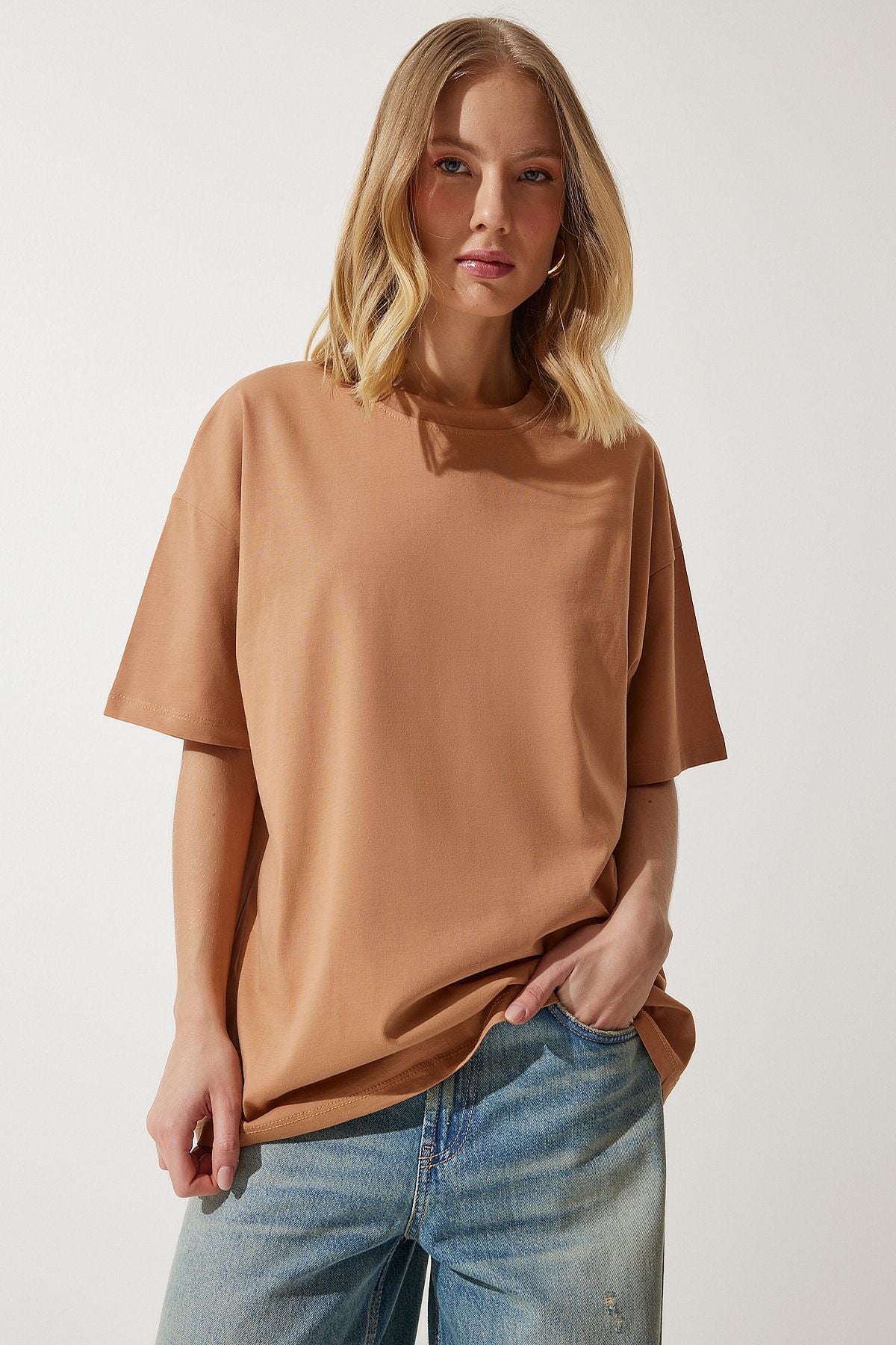 Bisküvi Bisiklet Yaka Basic Oversize Örme T-Shirt BF00091