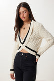 Krem Kontrast Renkli Crop Triko Kazak RW00007