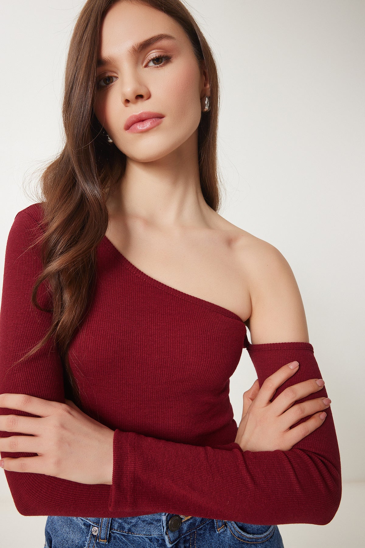 Bordo Açık Omuzlu Fitilli Örme Bluz TG00011
