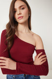 Bordo Açık Omuzlu Fitilli Örme Bluz TG00011
