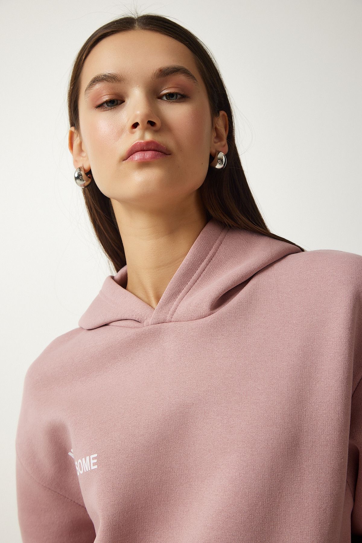 Pudra Kapüşonlu Şardonlu Örme Sweatshirt OW00009
