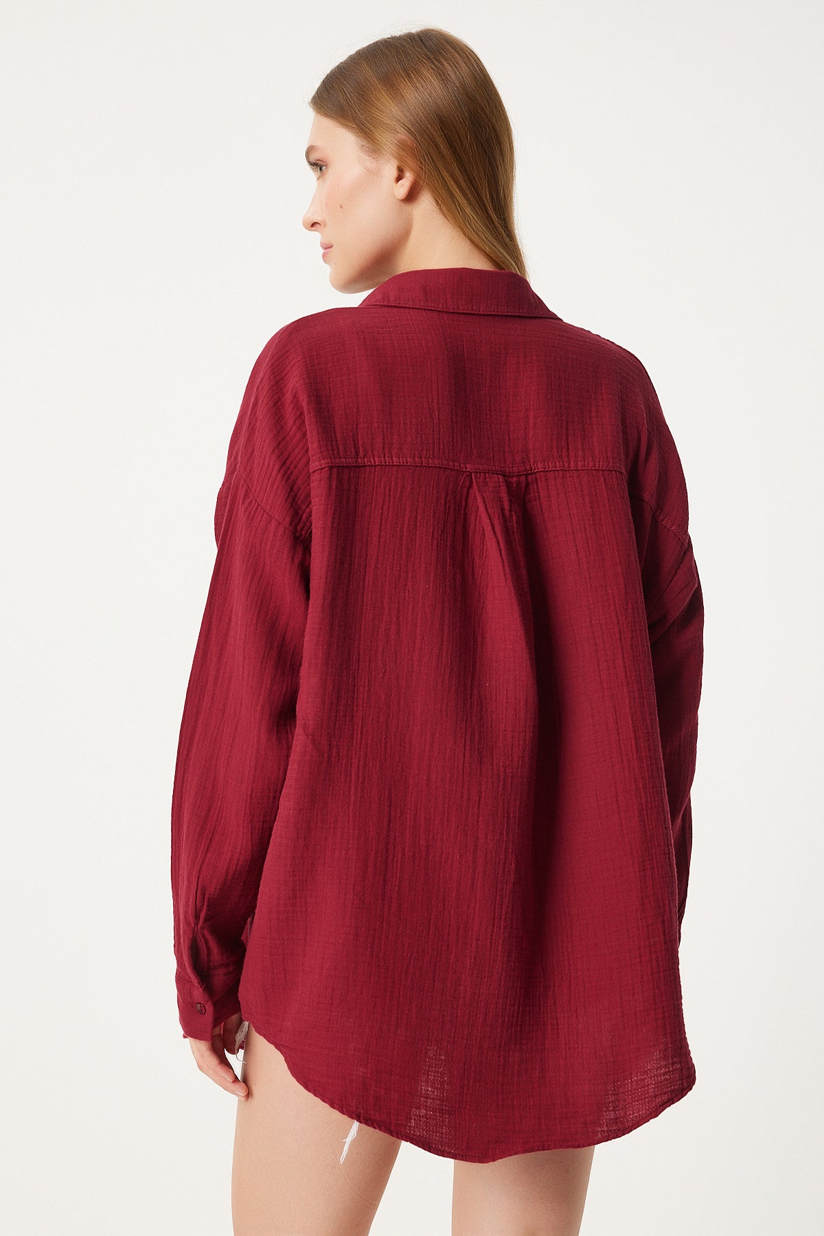 Bordo Oversize Basic Müslin Gömlek  MX00150