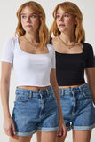 Siyah Beyaz Kare Yaka 2'Li Paket Crop Örme T-Shirt AN00172