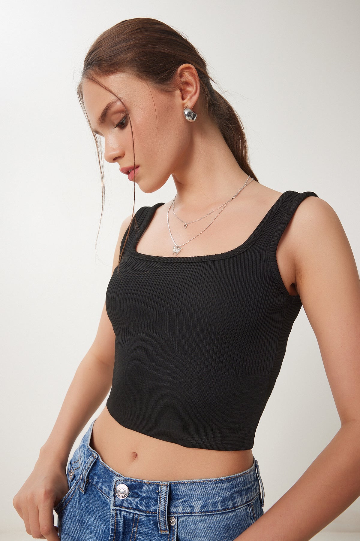 Siyah Beyaz 2'li Paket Fitilli Crop Triko Bluz GA00006