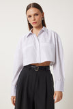 Beyaz İnce Çizgili Crop Poplin Gömlek FN03137