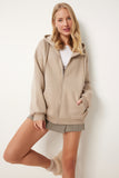 Bej Kapüşonlu Fermuarlı Oversize Sweatshirt UB00124