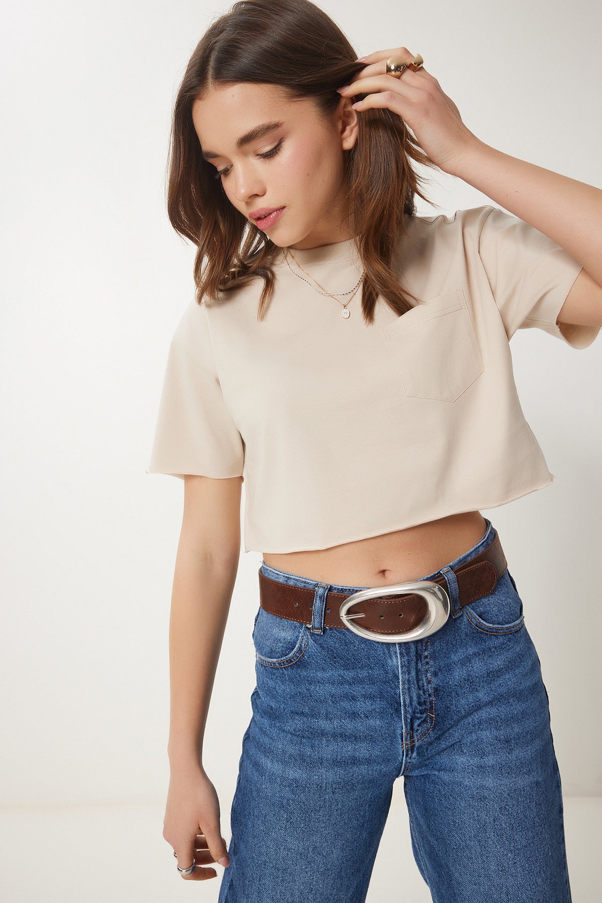 Krem Pamuklu Crop Örme T-Shirt CR00443