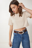 Krem Pamuklu Crop Örme T-Shirt CR00443