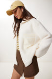 Krem Fermuarlı Oversize Peluş Sweatshirt DD01379