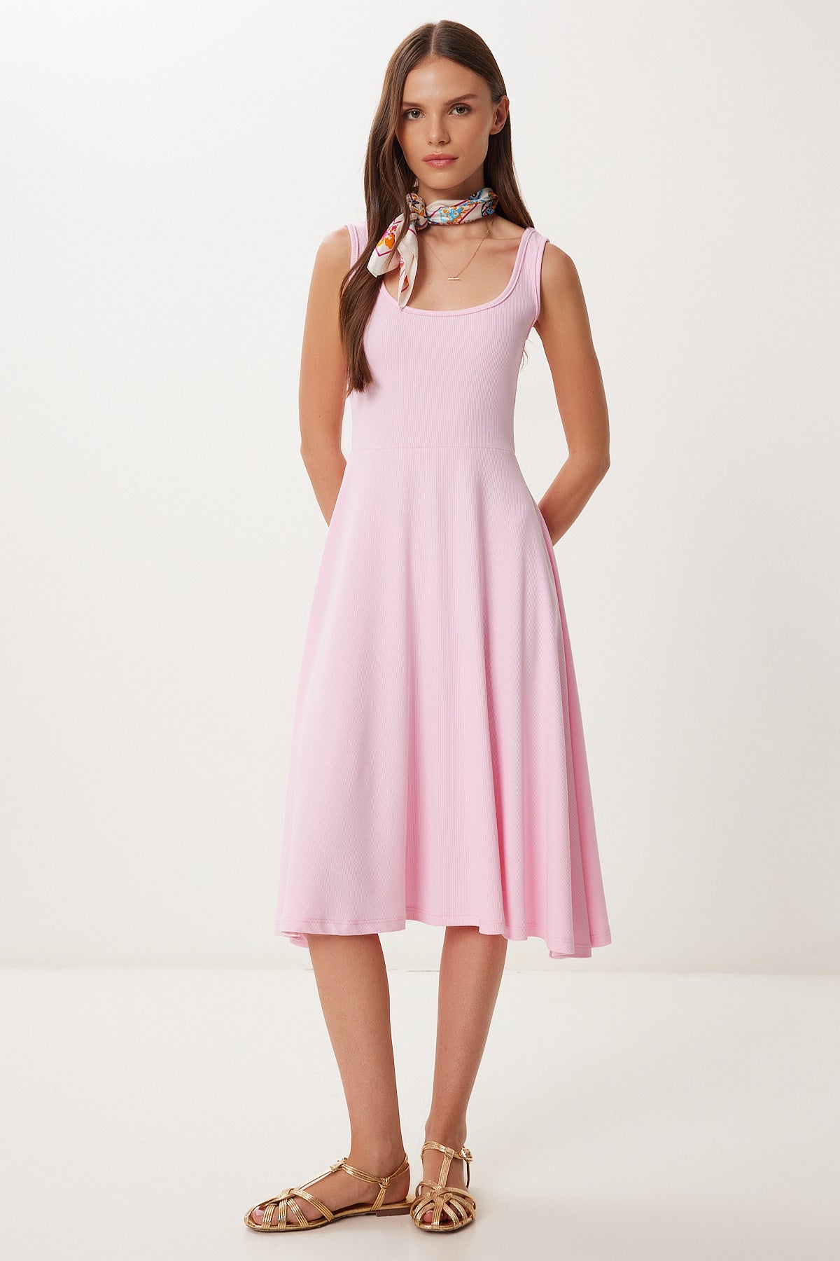 Şeker Pembe Askılı Yazlık Fitilli Örme Midi Elbise DZ00130