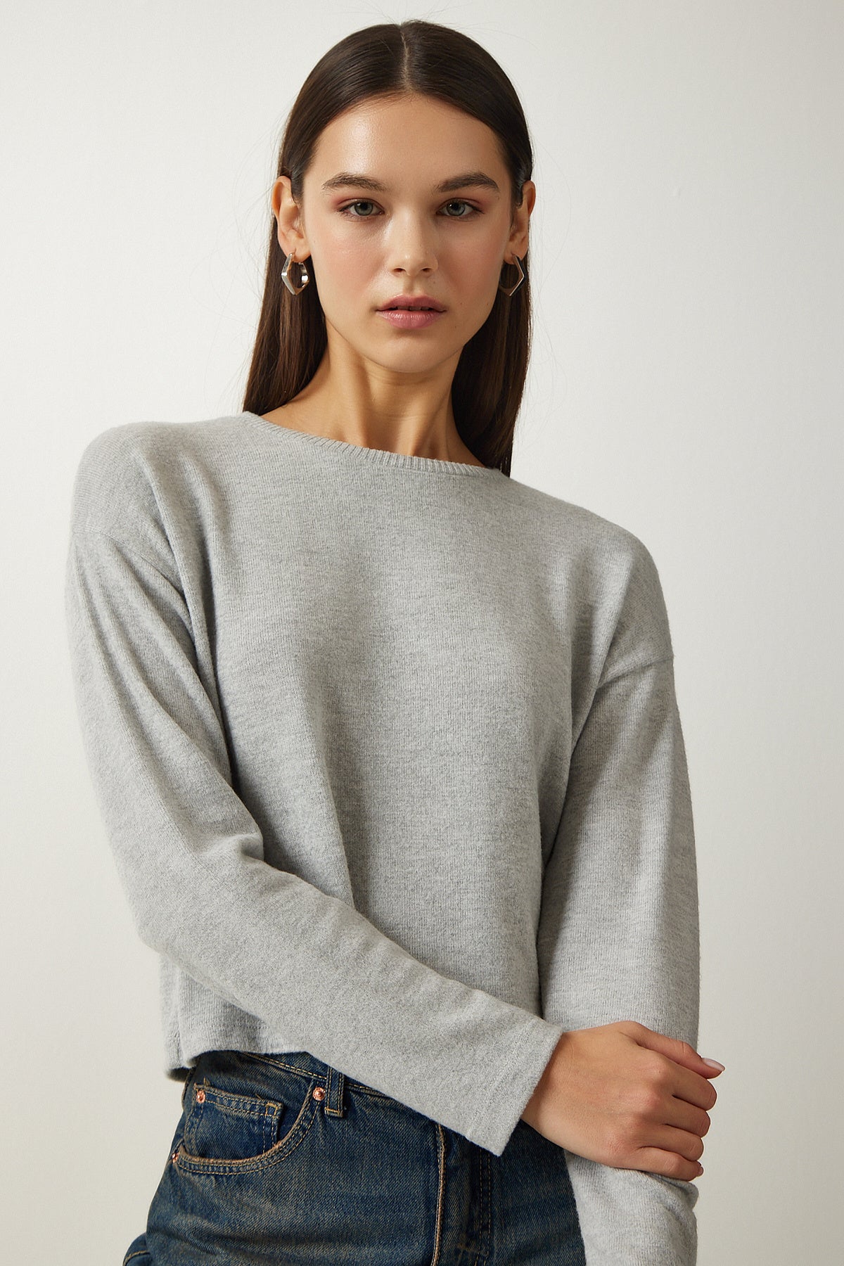 Gri Yumuşak Dokulu Crop Örme Bluz UB00214