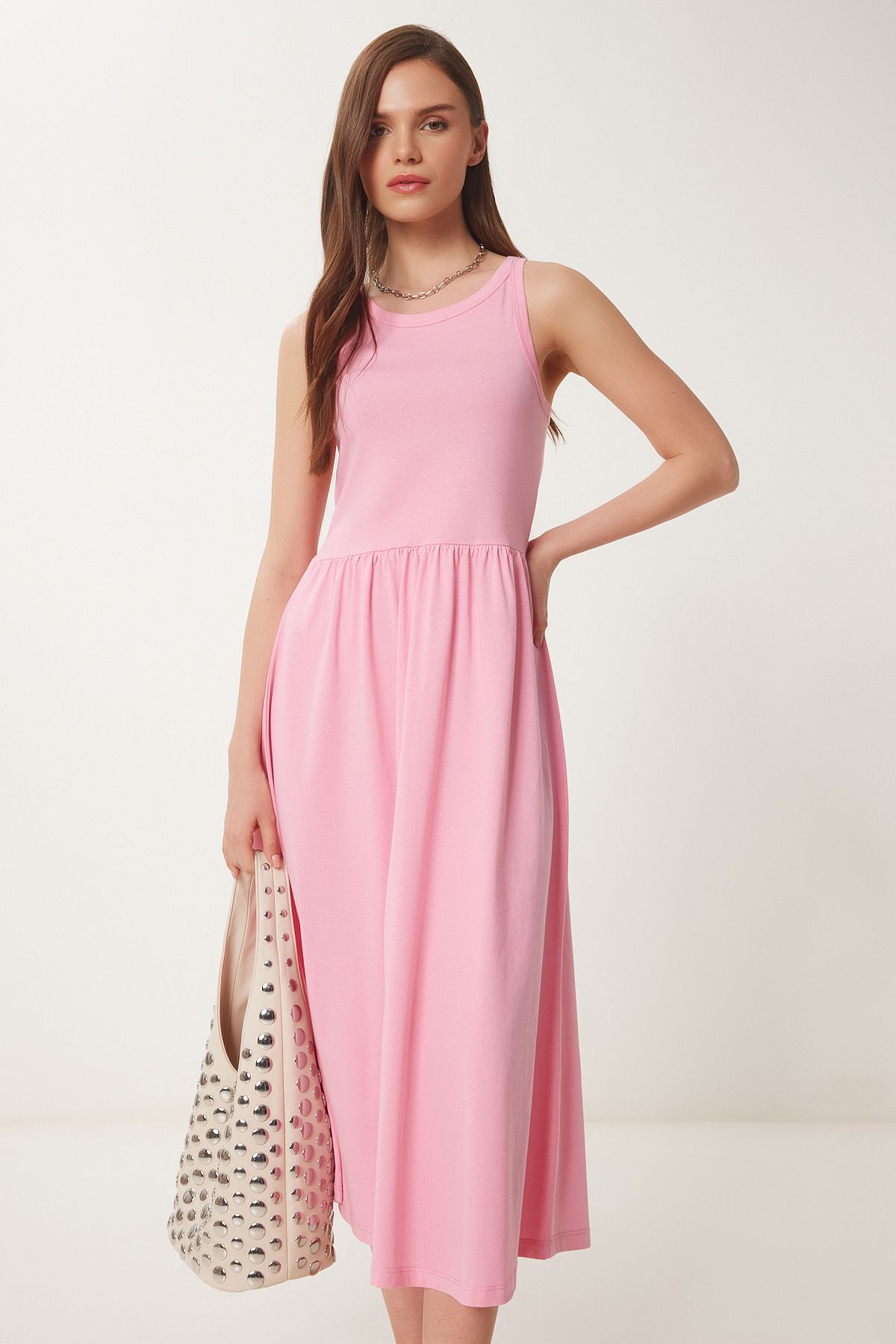 Pembe Halter Yaka Basic Yazlık Örme Elbise CR00474
