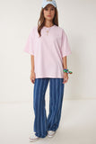 Pembe Basic Oversize Örme T-Shirt HW00007