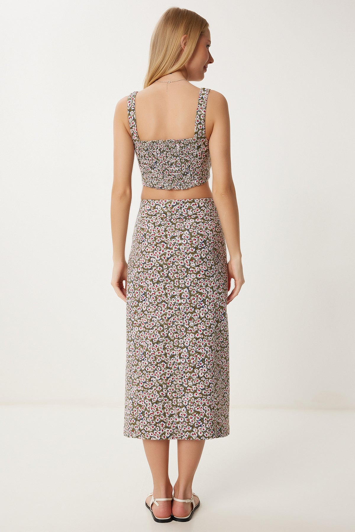 Haki Kemik Desenli Keten Crop Etek Takım FK00025