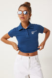 Lacivert Polo Yaka Baskılı Crop Örme T-Shirt AN00205