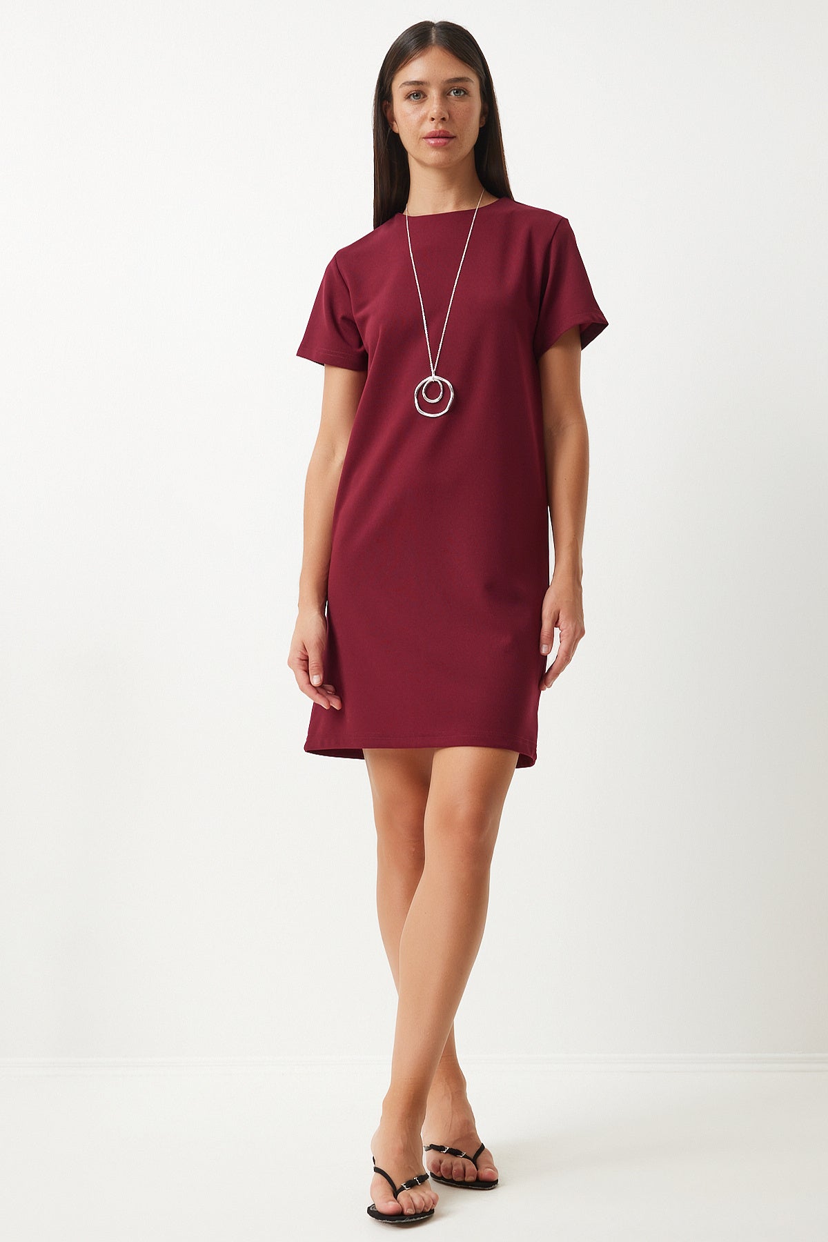 Bordo Bisiklet Yaka Basic Krep Elbise TO00136