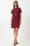 Bordo Bisiklet Yaka Basic Krep Elbise TO00136