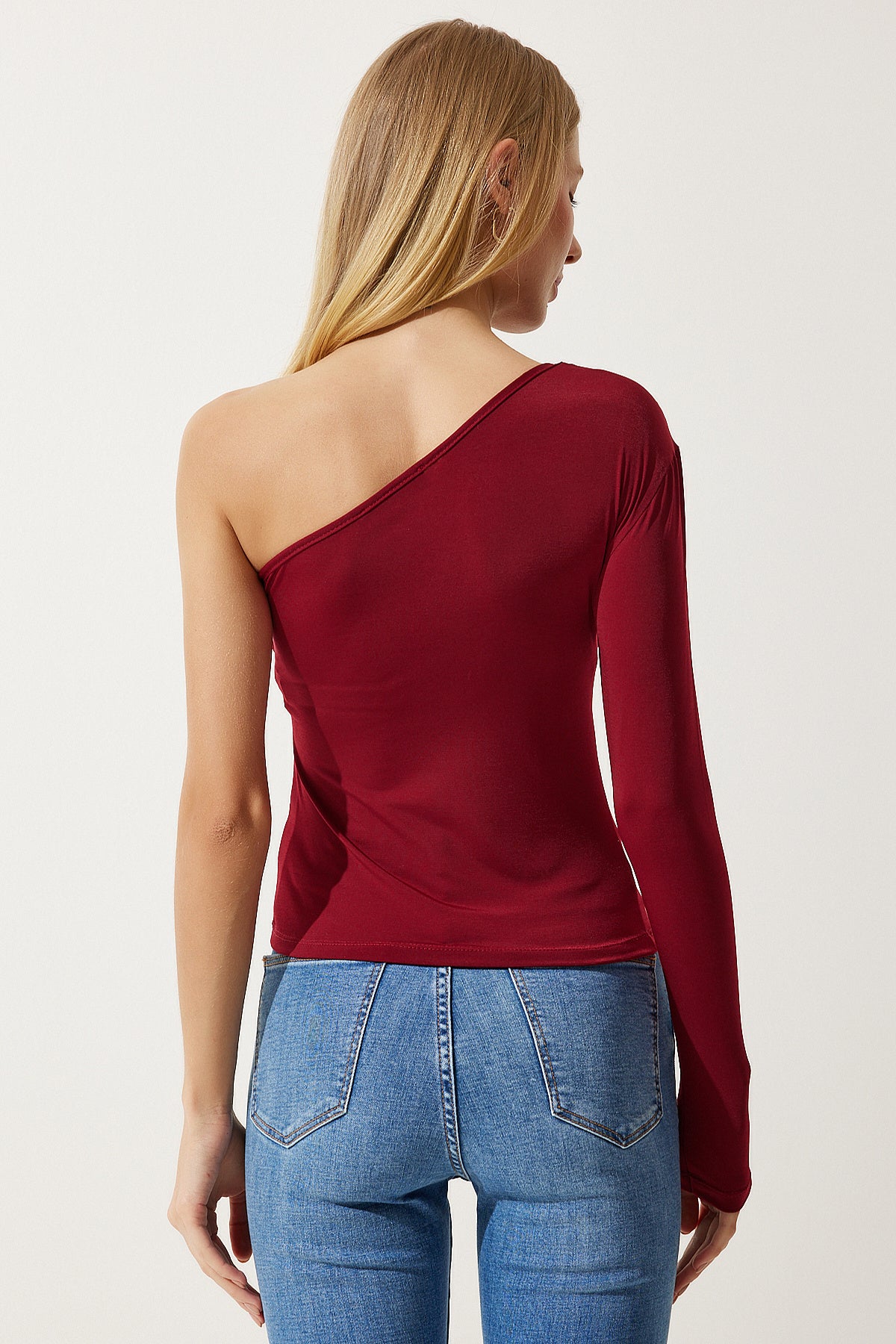 Bordo Tek Omuz Büzgü Detaylı Örme Bluz ZH00032
