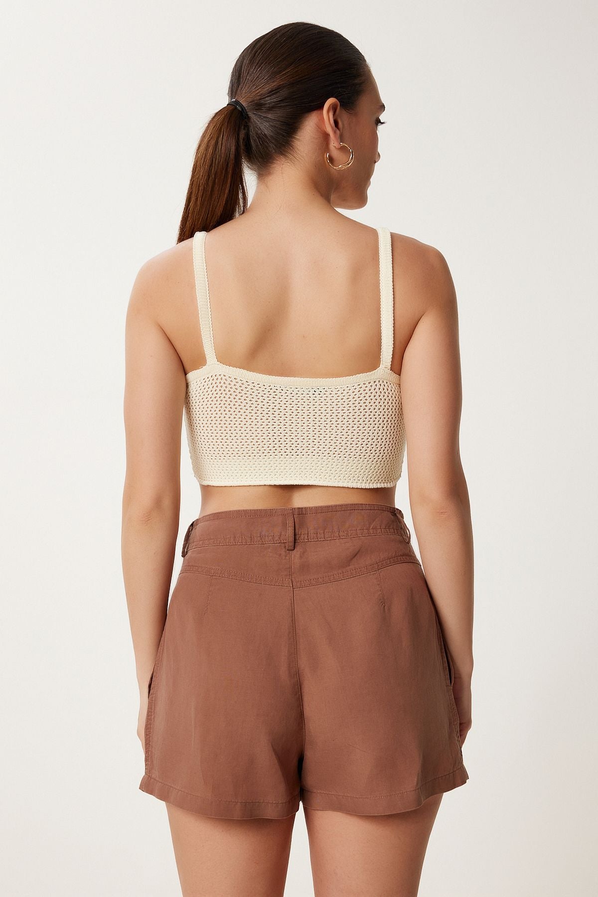 Krem Askılı Ajurlu Yazlık Crop Triko Bluz NS00429