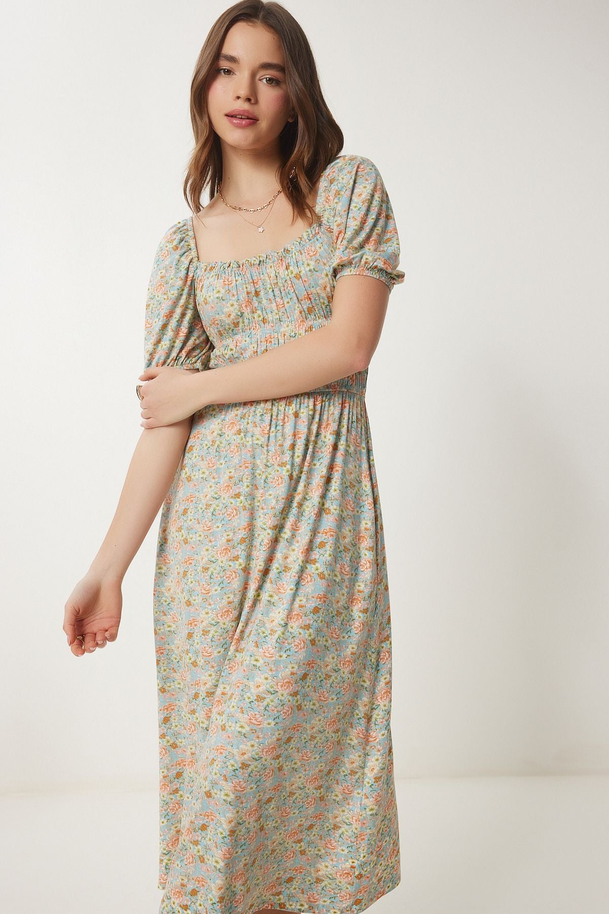 Su Yeşili Çiçekli Romantik Yazlık Örme Elbise UB00297