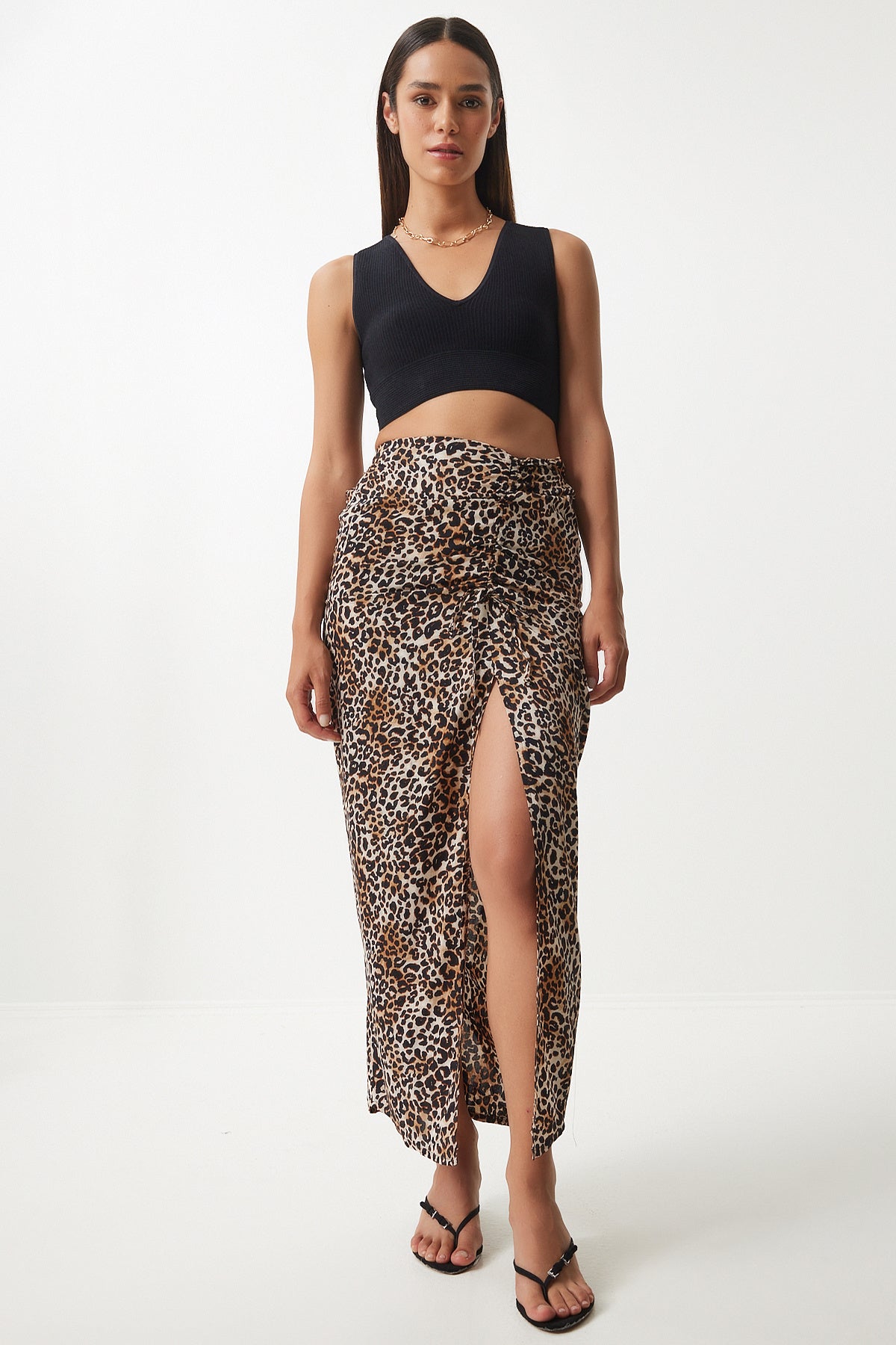 Siyah Bej Leopar Desenli Yırtmaçlı Midi Örme Etek UB00288
