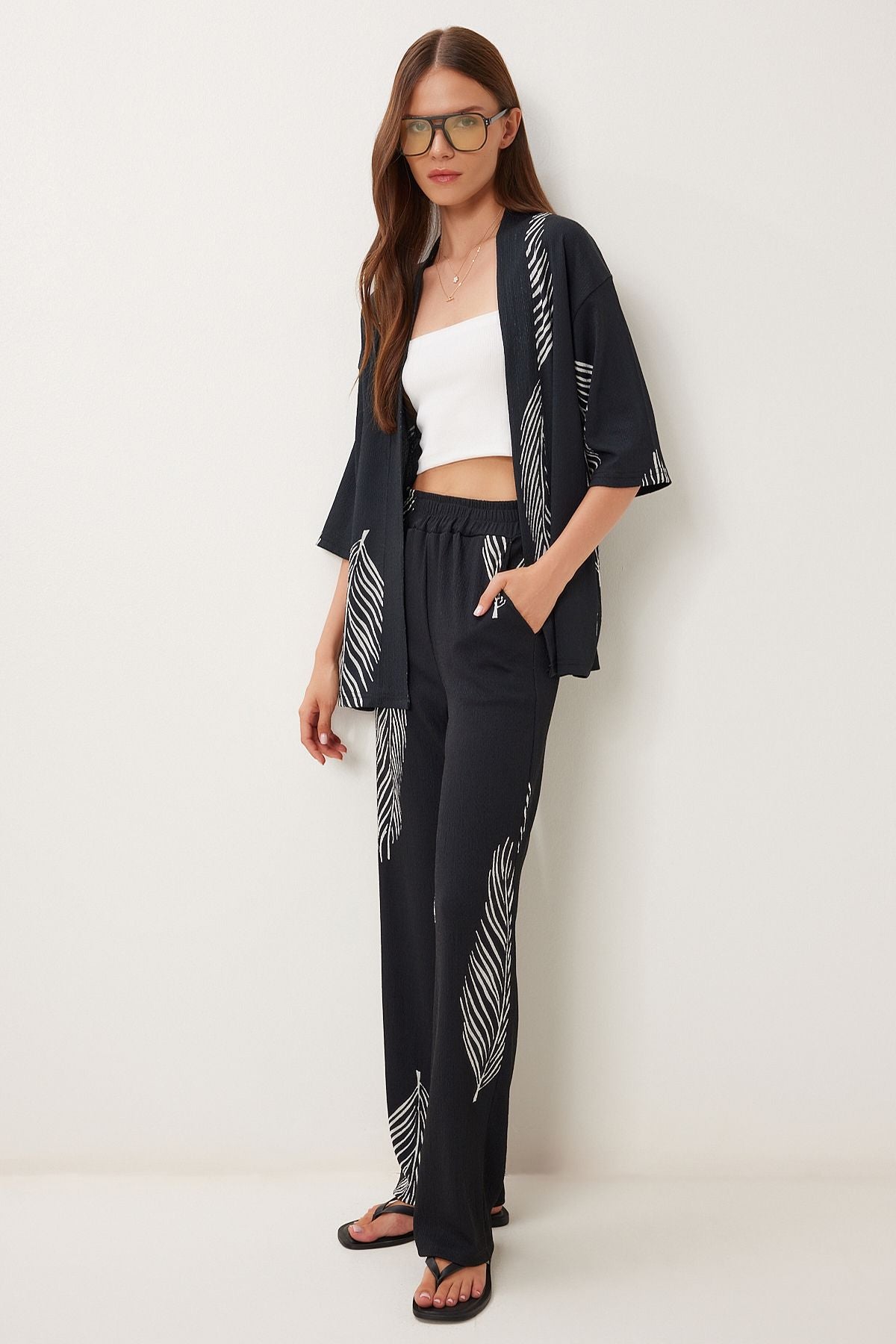 Siyah Kemik Desenli Krinkıl Örme Kimono Pantolon Takım İY00006