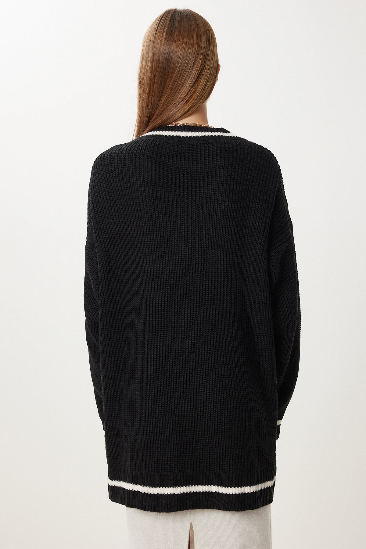 Siyah V Yaka Oversize Uzun Triko Kazak  BP00140