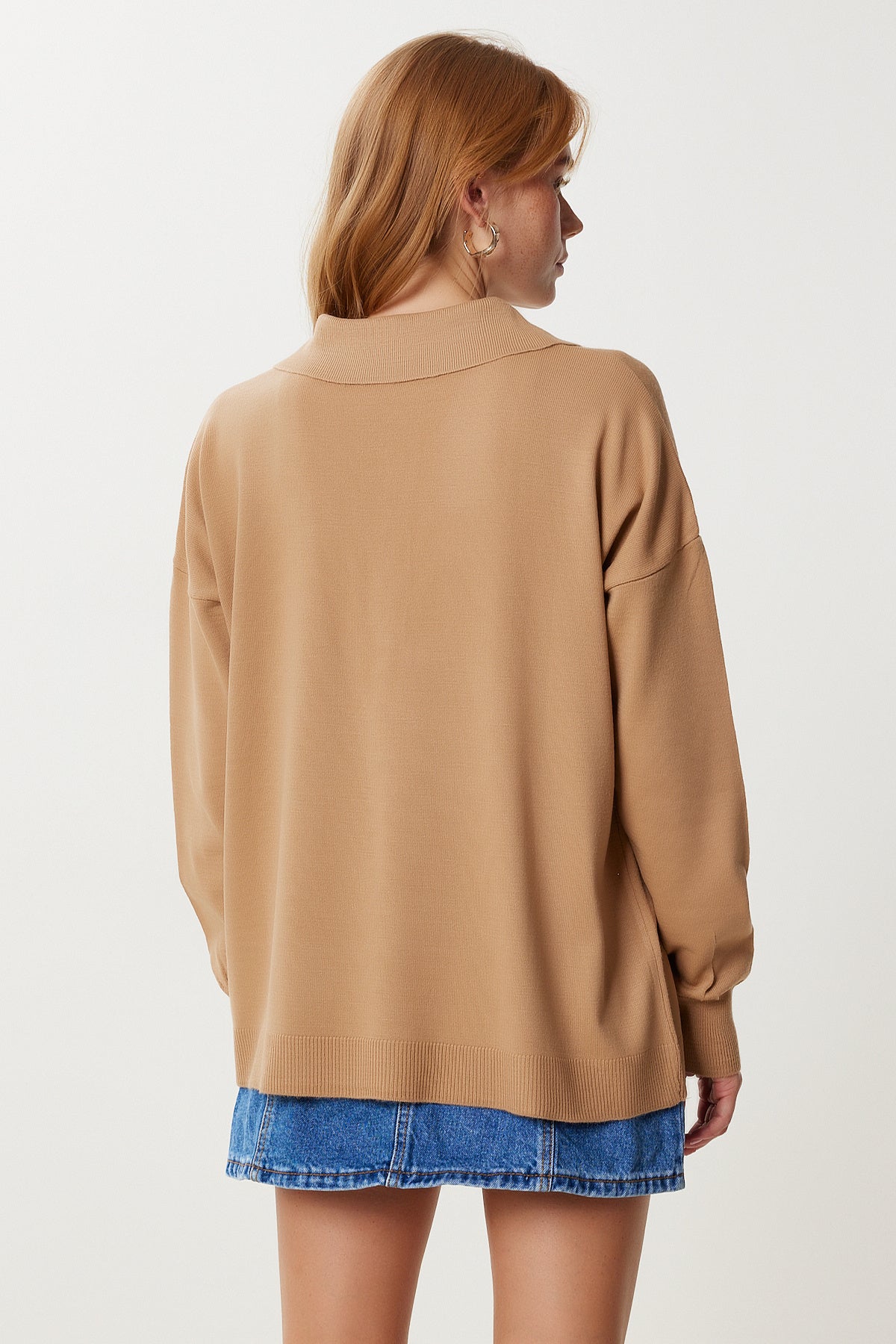 Camel Polo Yaka Şık Düğmeli Triko Kazak Kİ00161