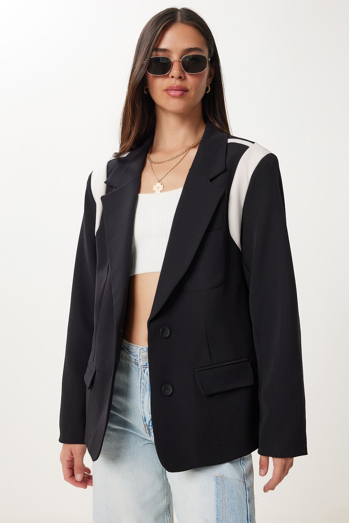 Siyah Kemik Kontrast Renkli Vatkalı Dokuma Blazer Ceket RG00076