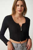 Siyah Fermuarlı Fitilli Crop Bluz SF00006