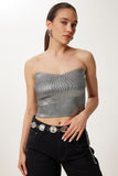 Metalik Gri Işıltılı Esnek Crop Straplez Bluz NS00434