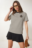 Siyah Krem Çiçek Detaylı Çizgili Örme T-Shirt CR00448