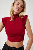 Bordo Dik Yaka Büzgülü Crop Örme Bluz CI00101