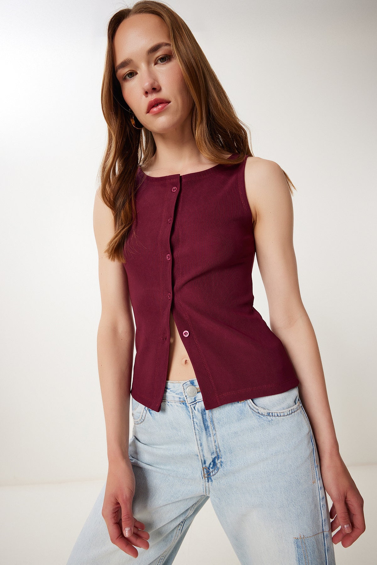 Bordo Düğmeli Esnek Fitilli Örme Yelek ZV00325