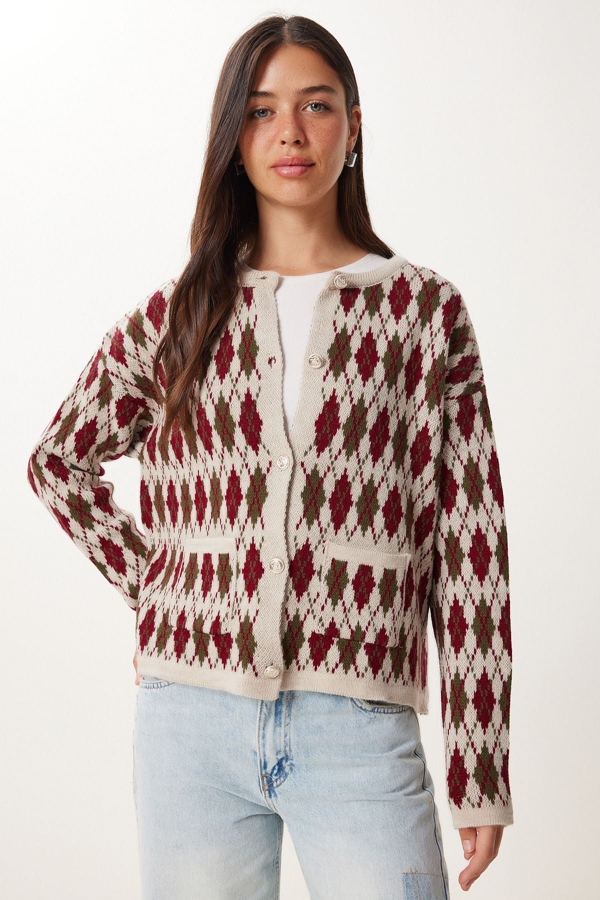 Taş Bordo Baklava Desenli Triko Hırka Kİ00136