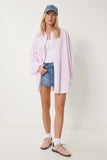 Beyaz Pembe Çizgili Oversize Uzun Dokuma Gömlek BP00168