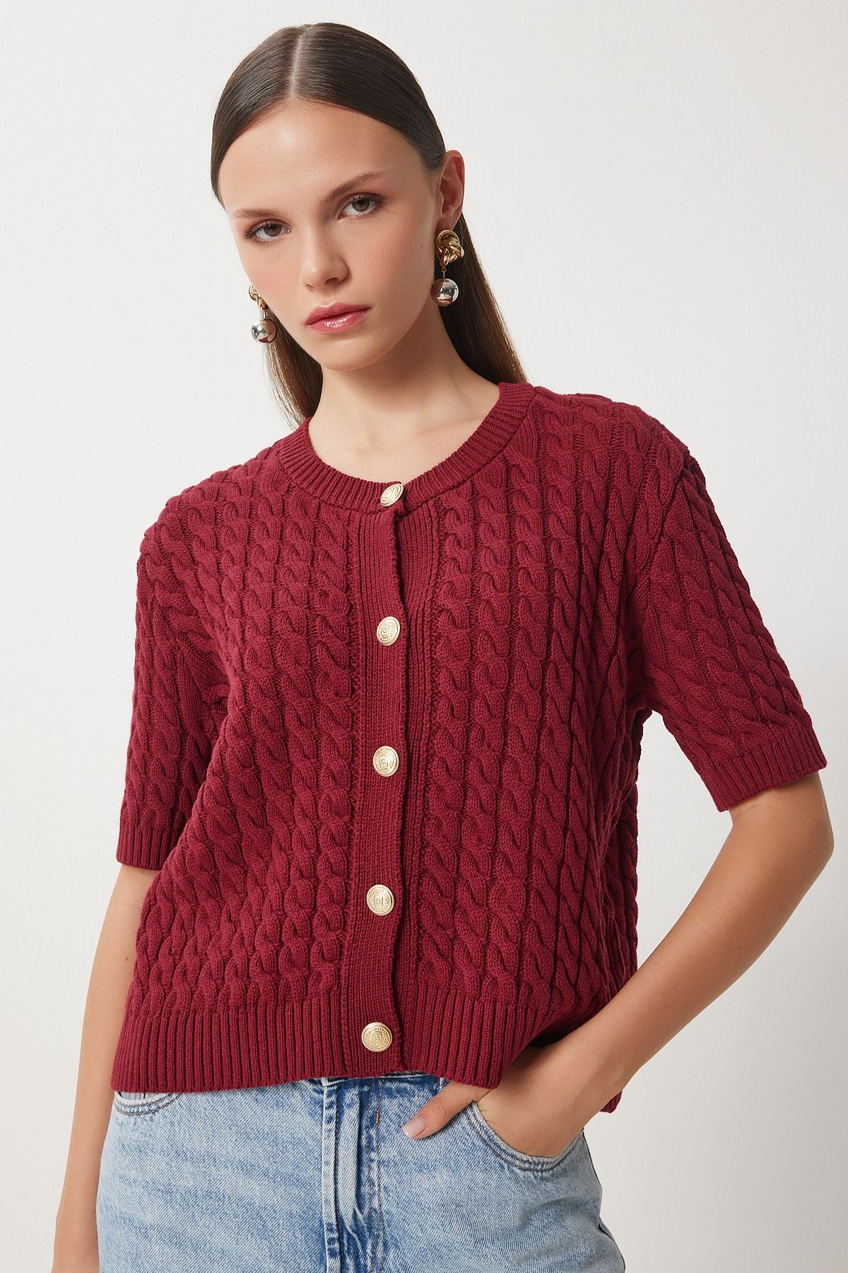 Bordo Bisiklet Yaka Saç Örgülü Triko Hırka US00946
