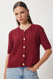 Bordo Bisiklet Yaka Saç Örgülü Triko Hırka US00946